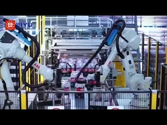 প্যালেটিজিংয়ের আগে মার্শালিং স্টেশন সহ কোকাকোলা উত্পাদন লাইনের জন্য প্যালেটিজার