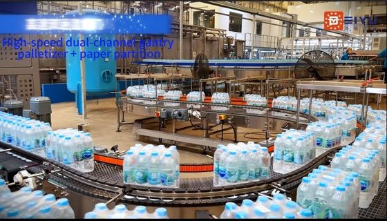 High Speed Fully Automatic Dual Channel Gantry Palletizer + Paper Separator For Thai Customers In Bottled Water Production Line