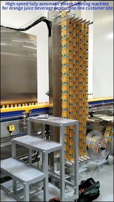 High-speed Fully Automatic Shrink Sleeve Label Labeling Machine For Orange Juice Beverage Production Line Customer Site